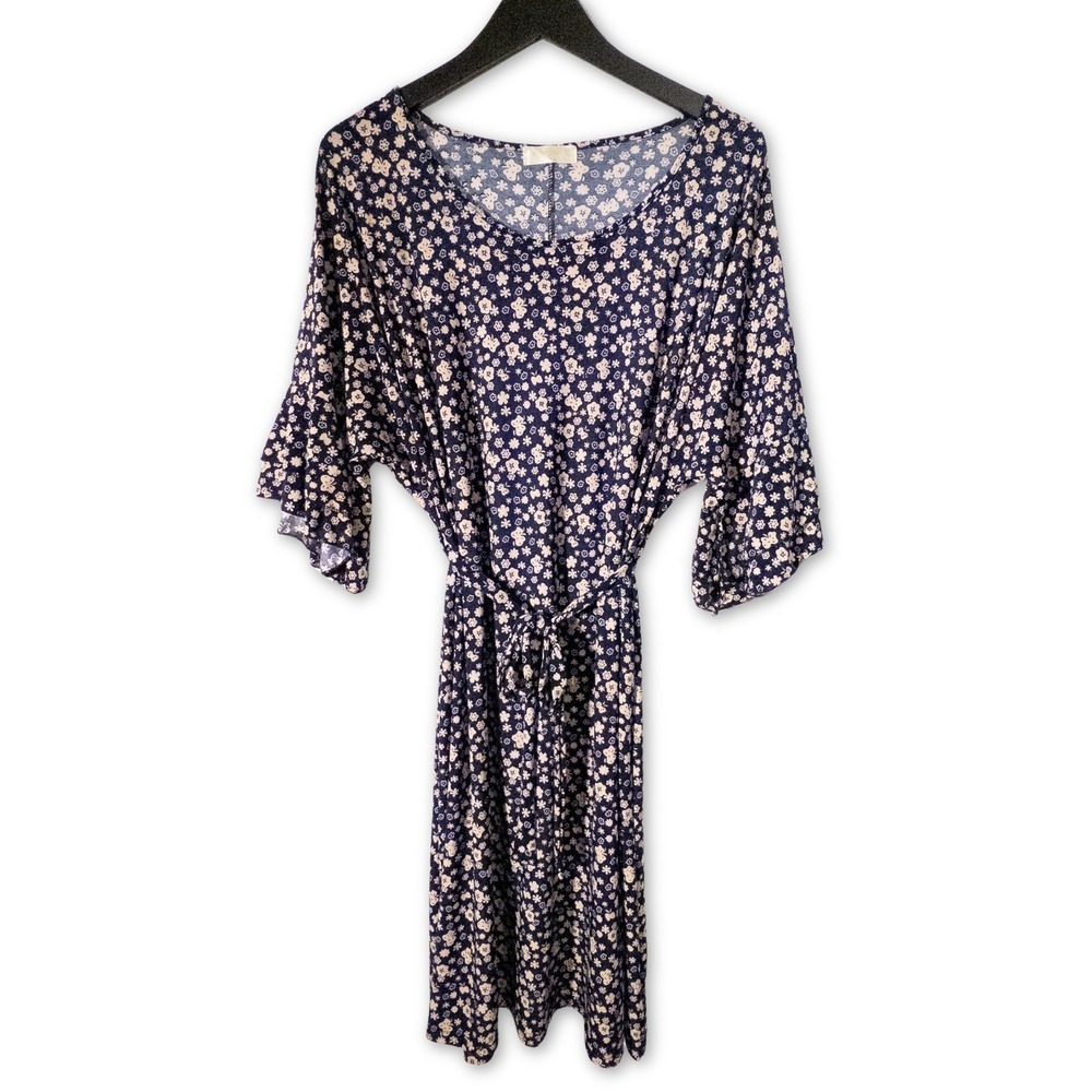 Seven Islands Midi Dress Womens XL Navy Floral Butterfly‎ Belted Flutter Sleeve